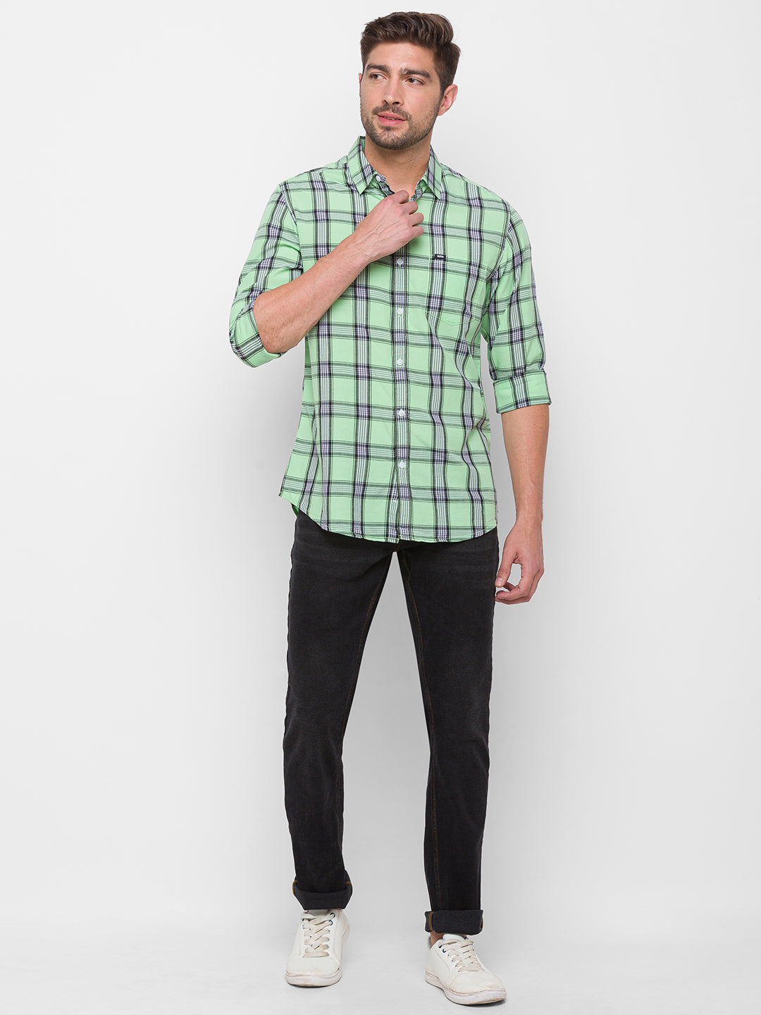 Spykar Green Cotton Slim Fit Shirts For Men