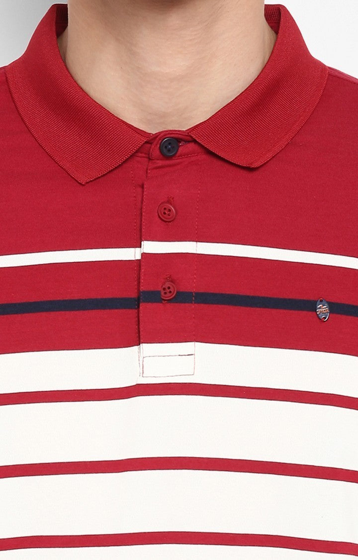 Spykar Wine and Red Striped Slim Fit Polo T-Shirt