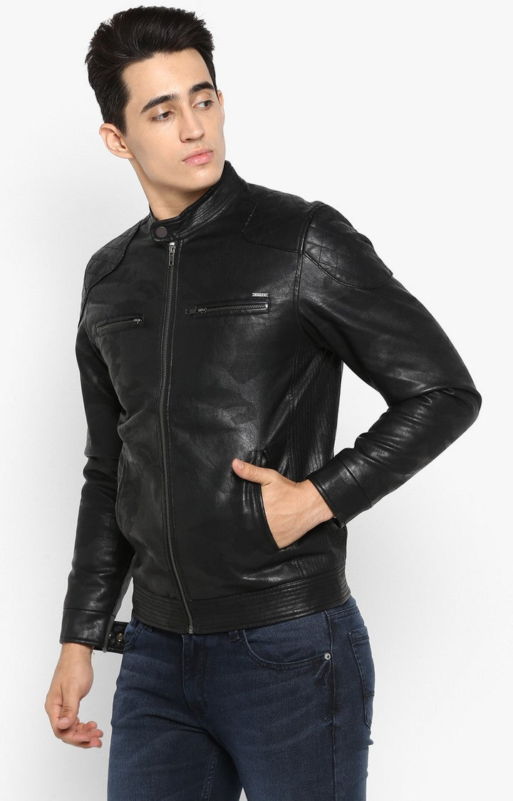 Spykar Men Black Printed Slim Fit Leather Jacket