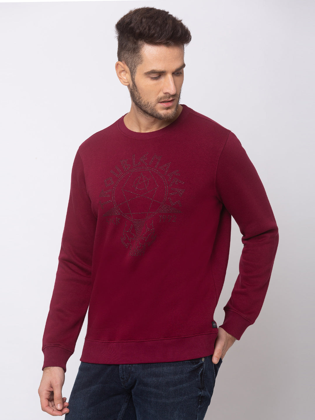 Spykar Wine Blended Slim Fit Sweatshirt For Men