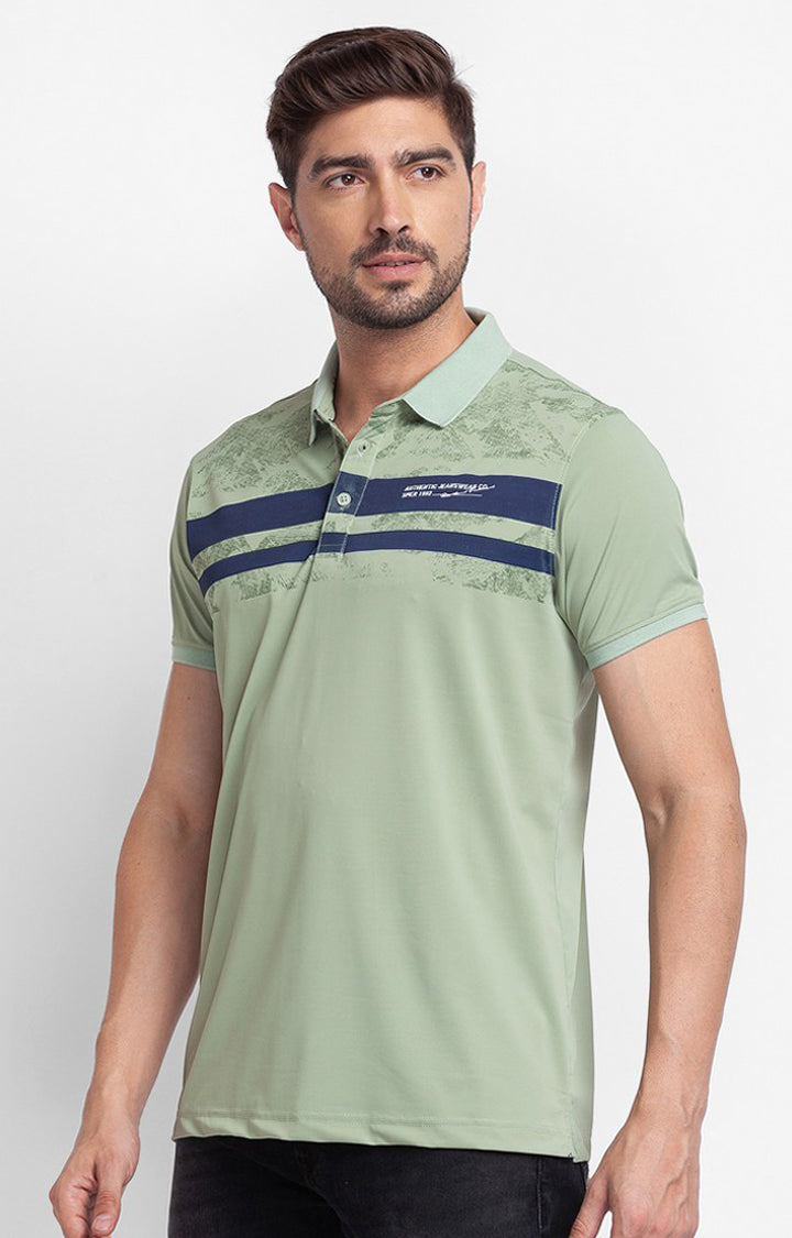 Spykar Dusty Green Cotton Half Sleeve Printed Casual Polo T-Shirt For Men