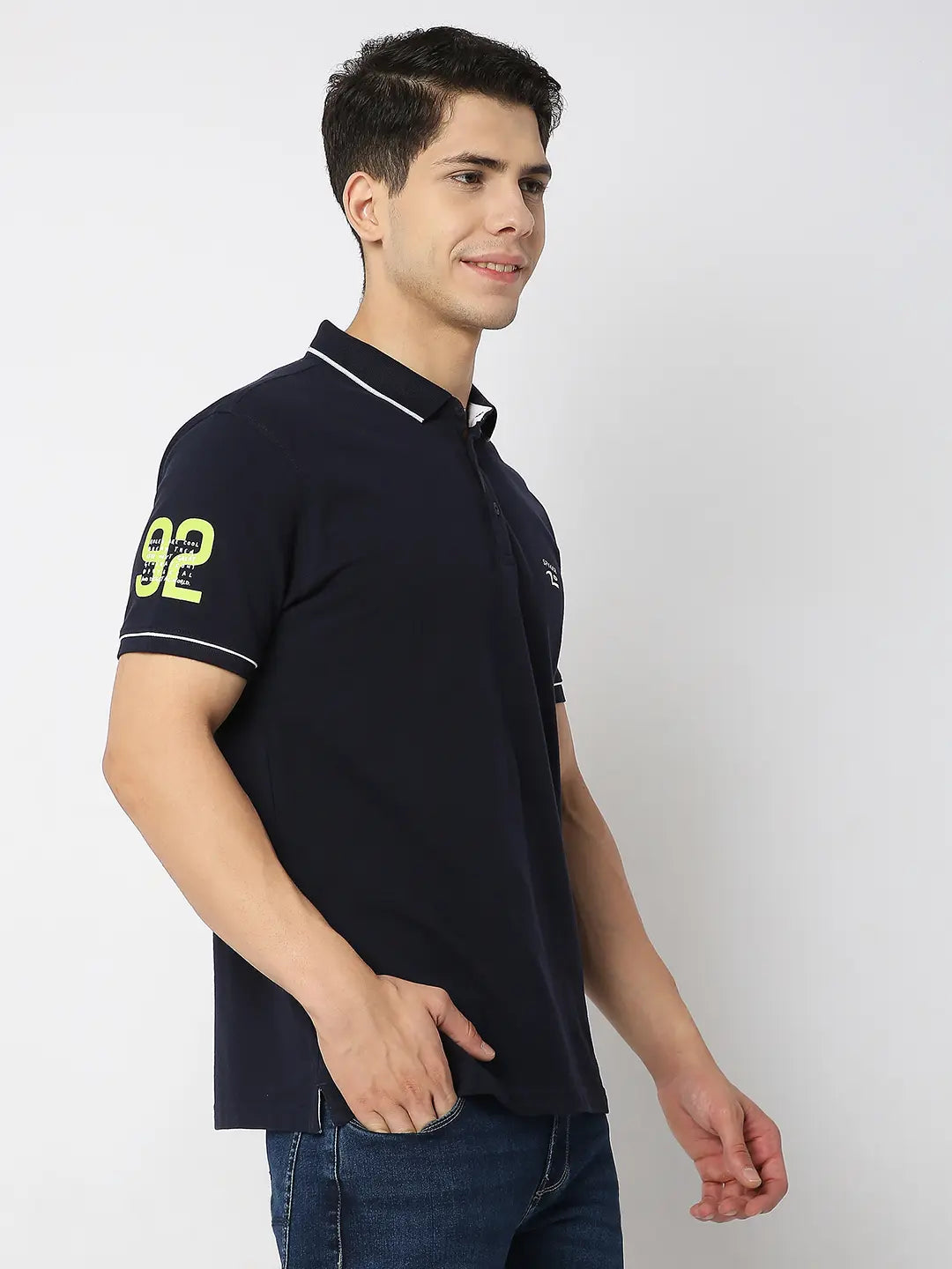 Spykar Men Navy Blue Cotton Regular Fit Plain Polo Tshirt