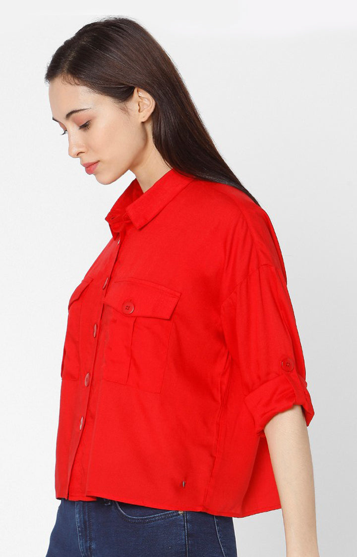 Spykar Slim Fit Red Cotton Women Shirt