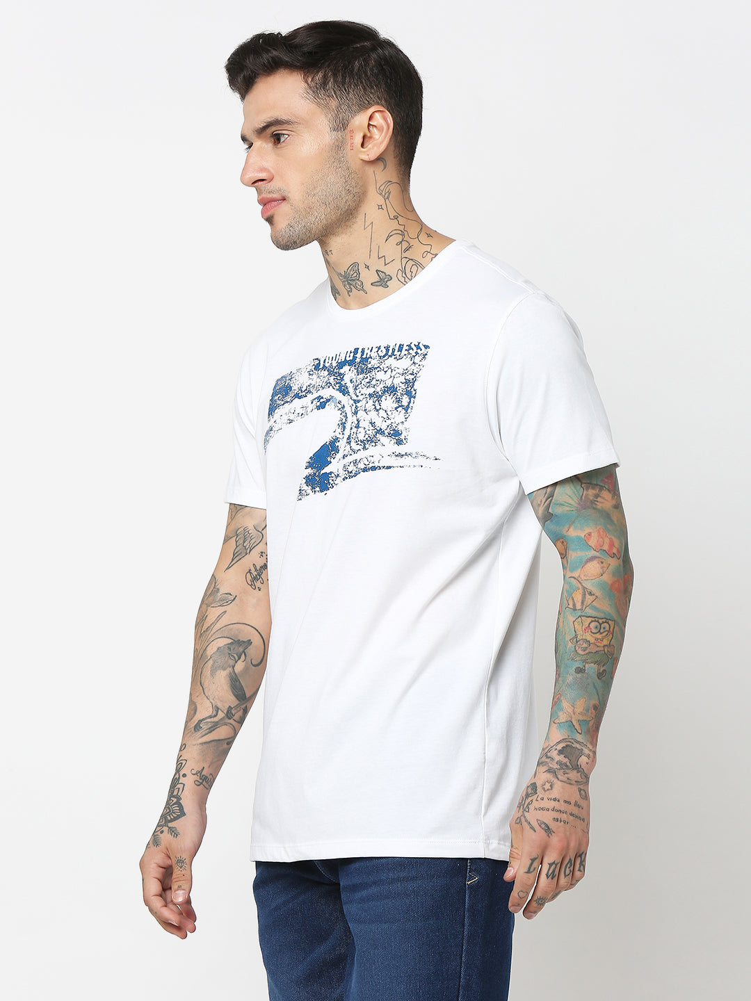 Spykar Men White Cotton Slim Fit Round Neck Printed T-Shirt