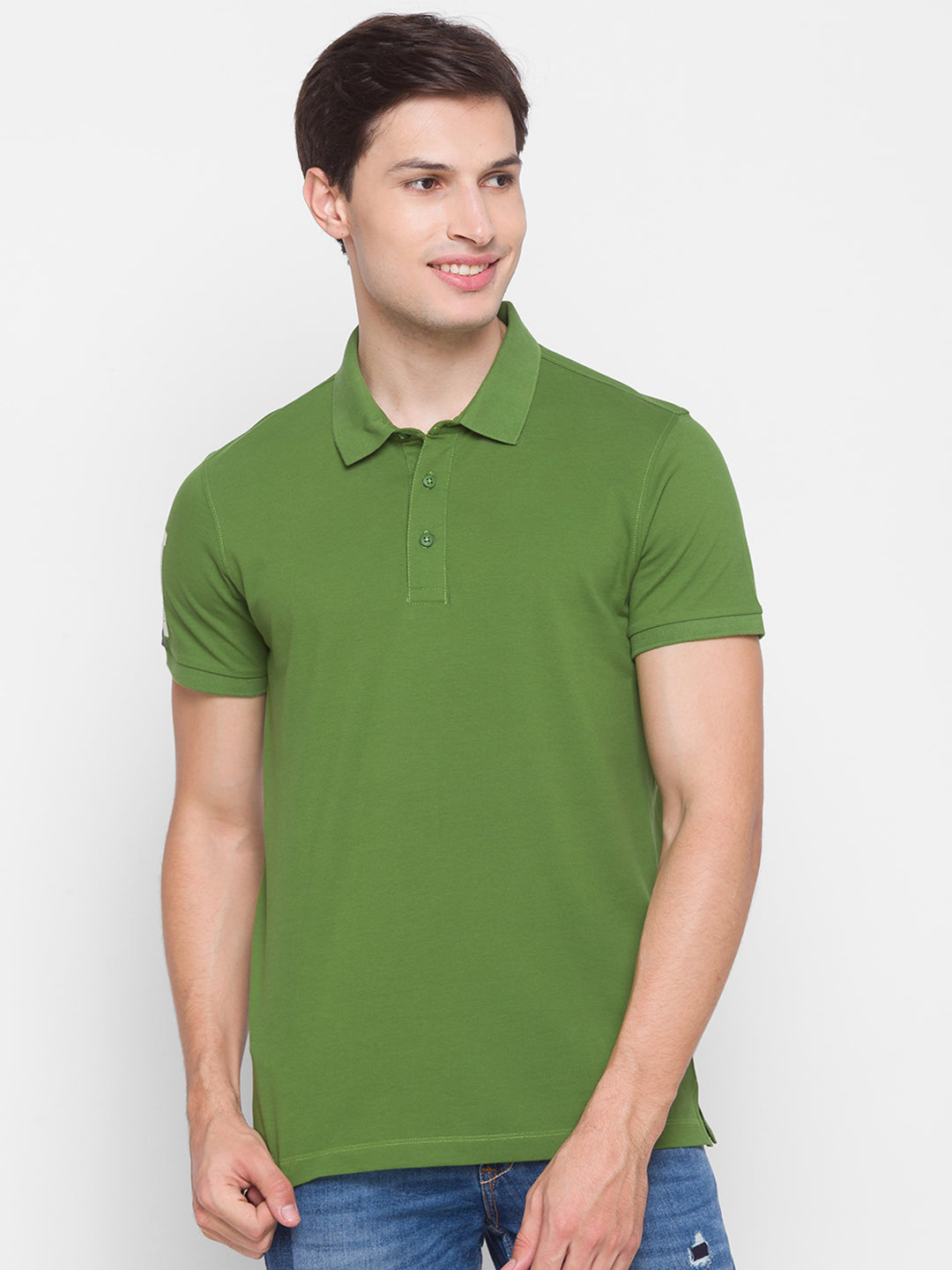 Spykar Men Green Cotton Slim Fit Polo T-Shirt