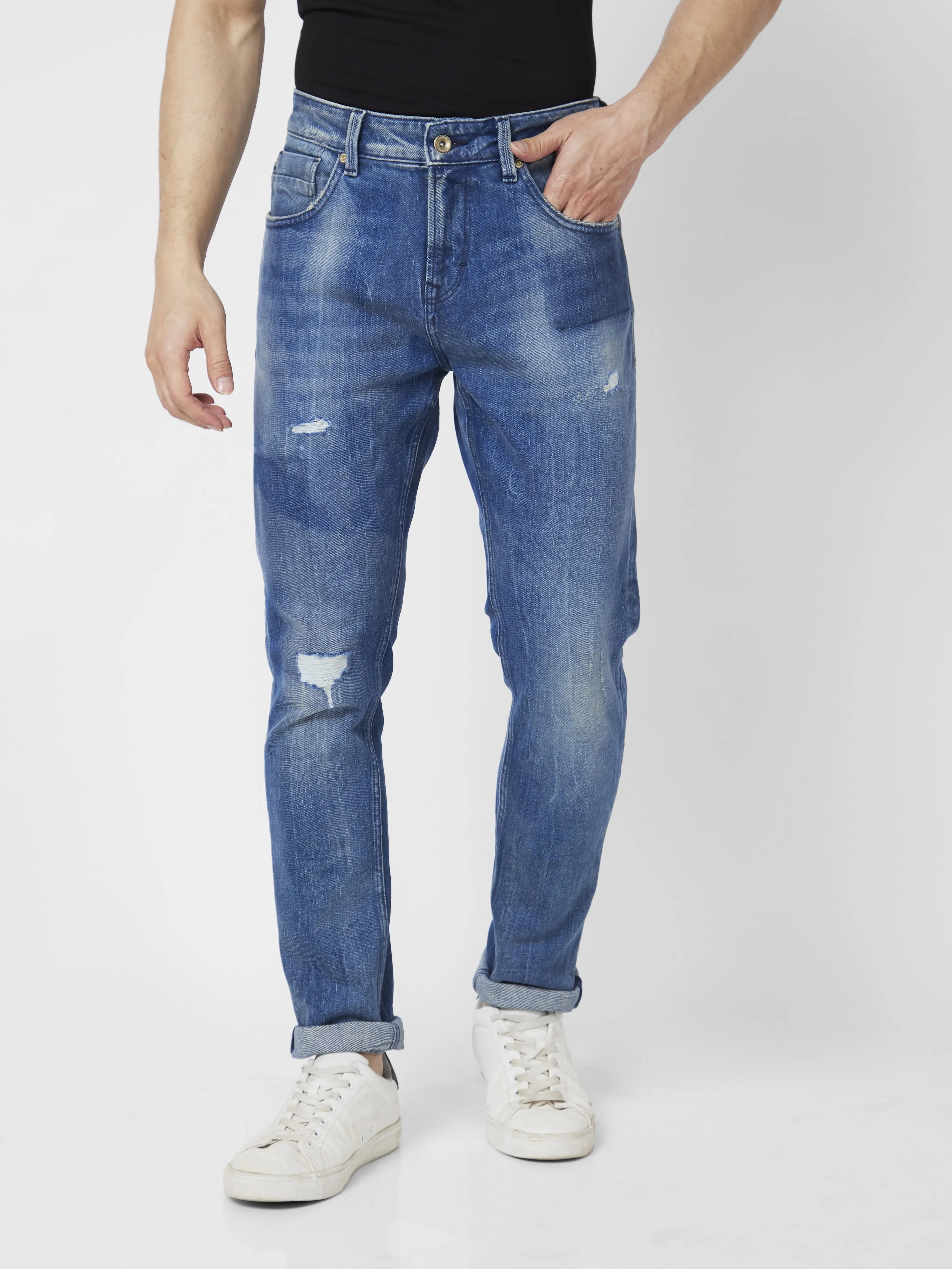 Spykar Men Mid Blue Cotton Slim Fit Narrow Length Mild Distressed Low Rise Jeans (Skinny)