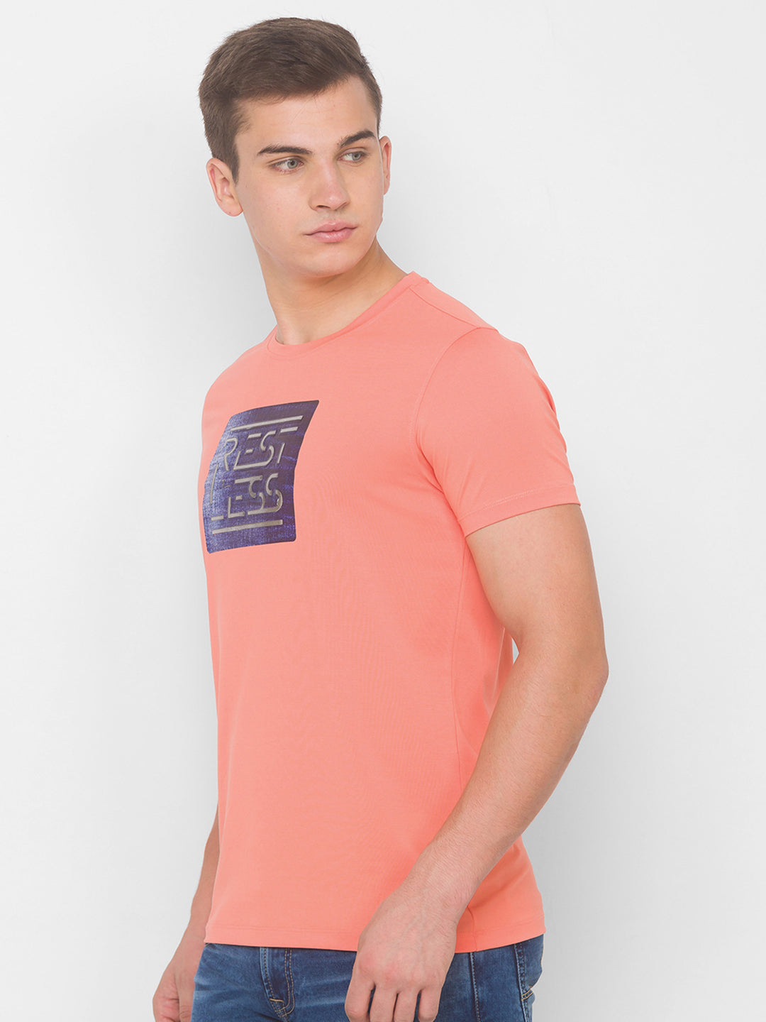 Spykar Men Pink Cotton Blend Slim Fit Round Neck T-Shirt