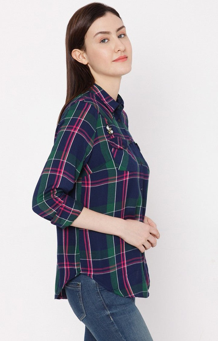 Spykar Women Navy Blue Cotton Regular Fit Checkered Shirt