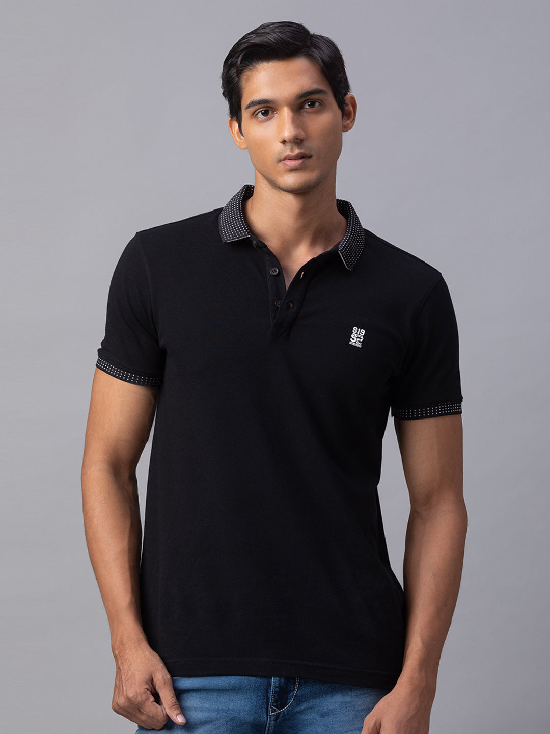 Spykar Men Black Cotton Slim Fit Polo T-Shirt