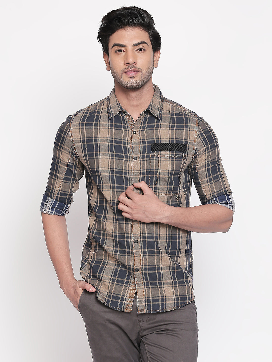 Spykar Men Khaki Checked Slim Fit Casual Shirt