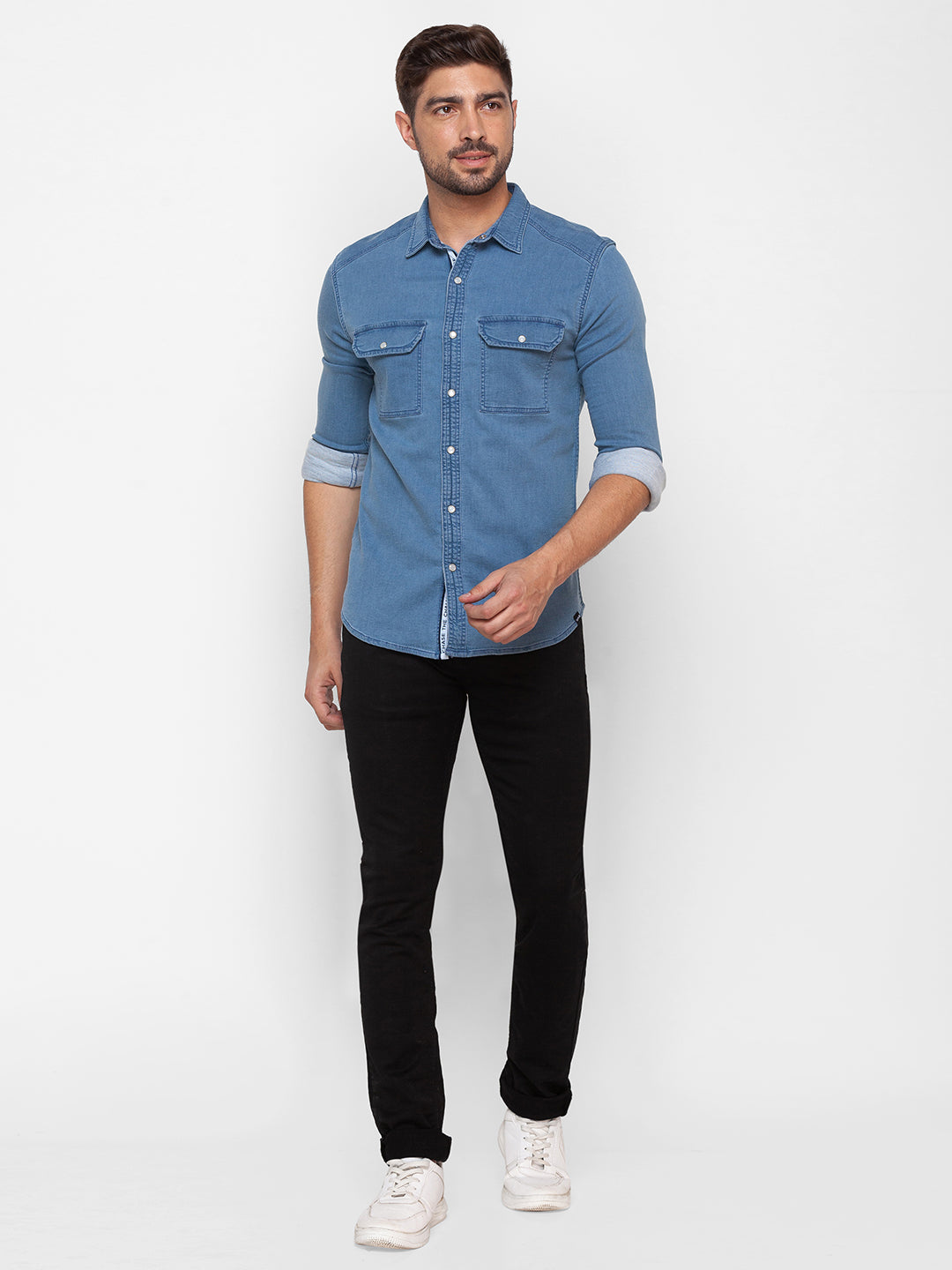 Spykar Mid Blue Cotton Full Sleeve Denim Shirt For Men