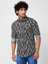Spykar Men Black Cotton Regular Slim Fit Full Sleeve Causal Printed Shirt