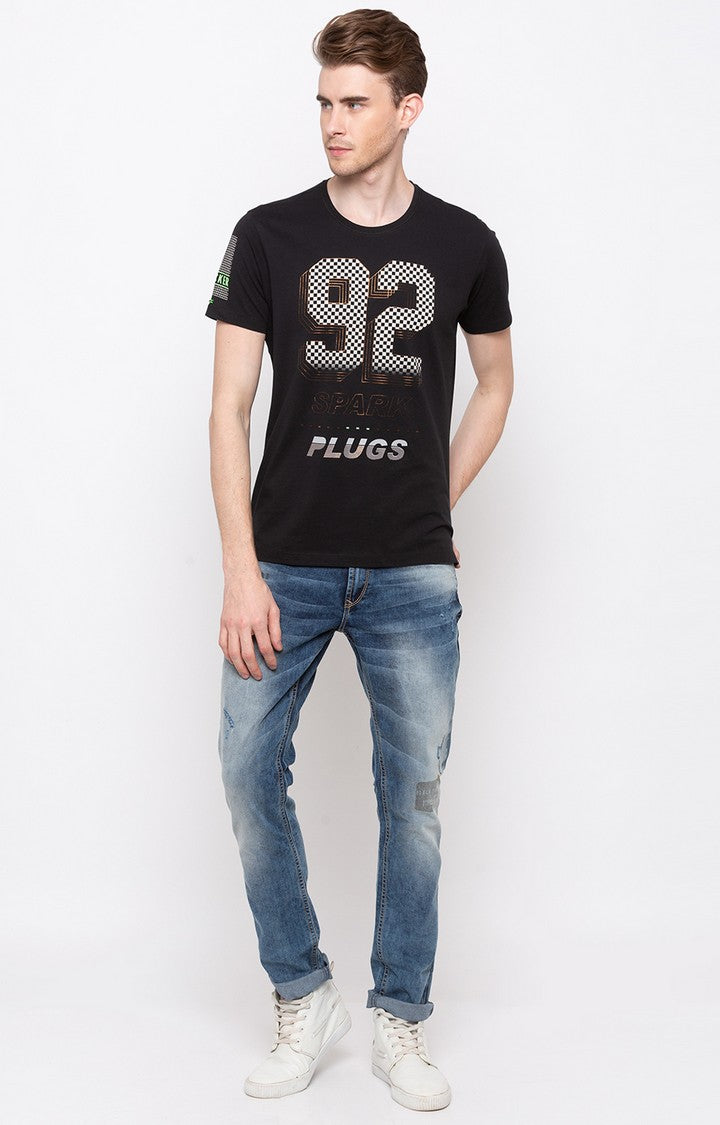 Spykar Jet Black Printed Slim Fit Men T-Shirts