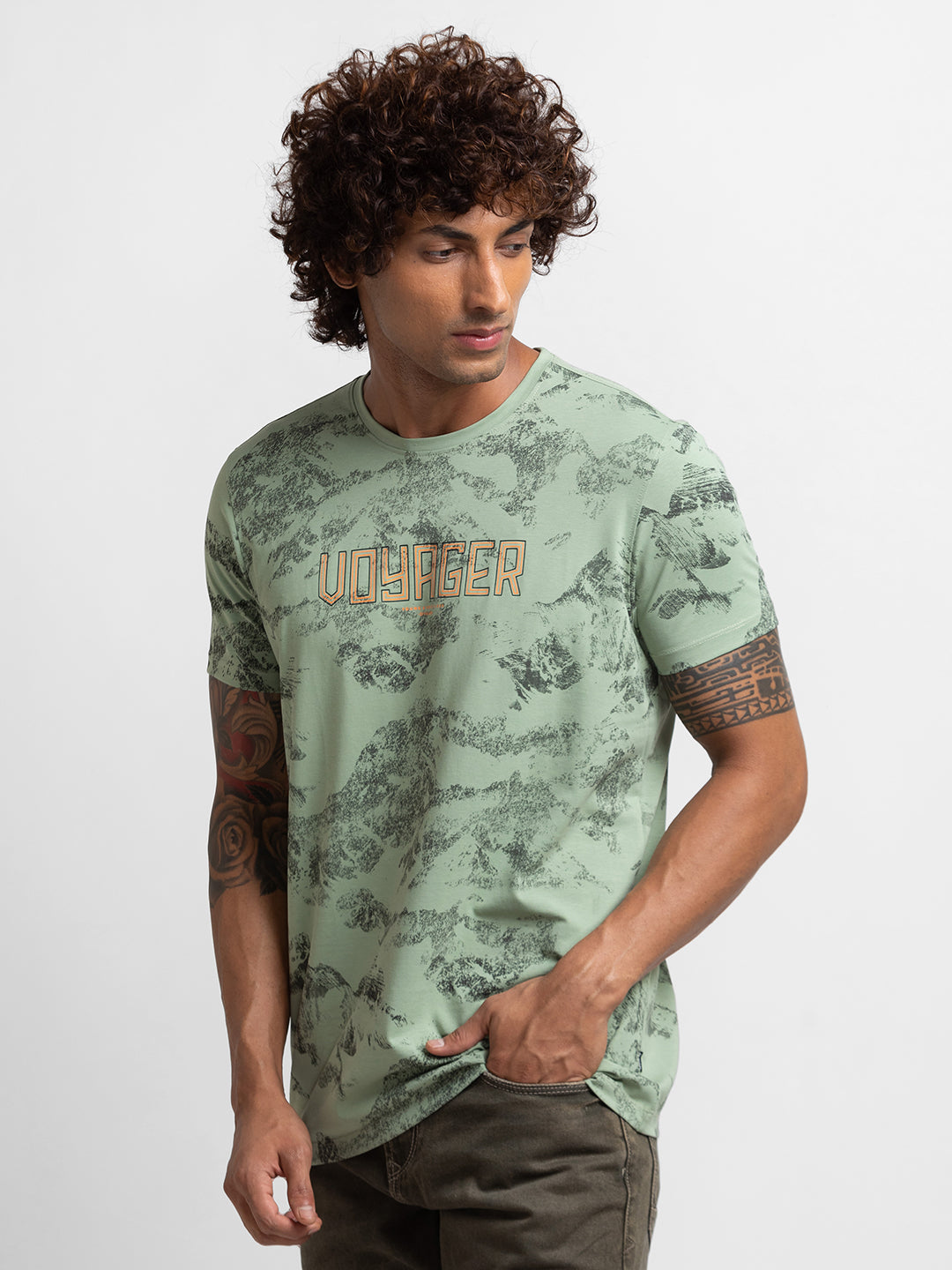 Spykar Dusty Pista Green Cotton Half Sleeve Printed Casual T-Shirt For Men