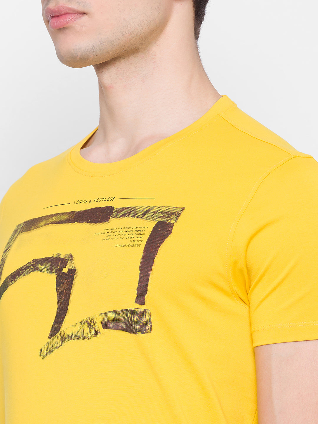 Spykar Men Yellow Cotton Slim Fit Round Neck T-Shirt