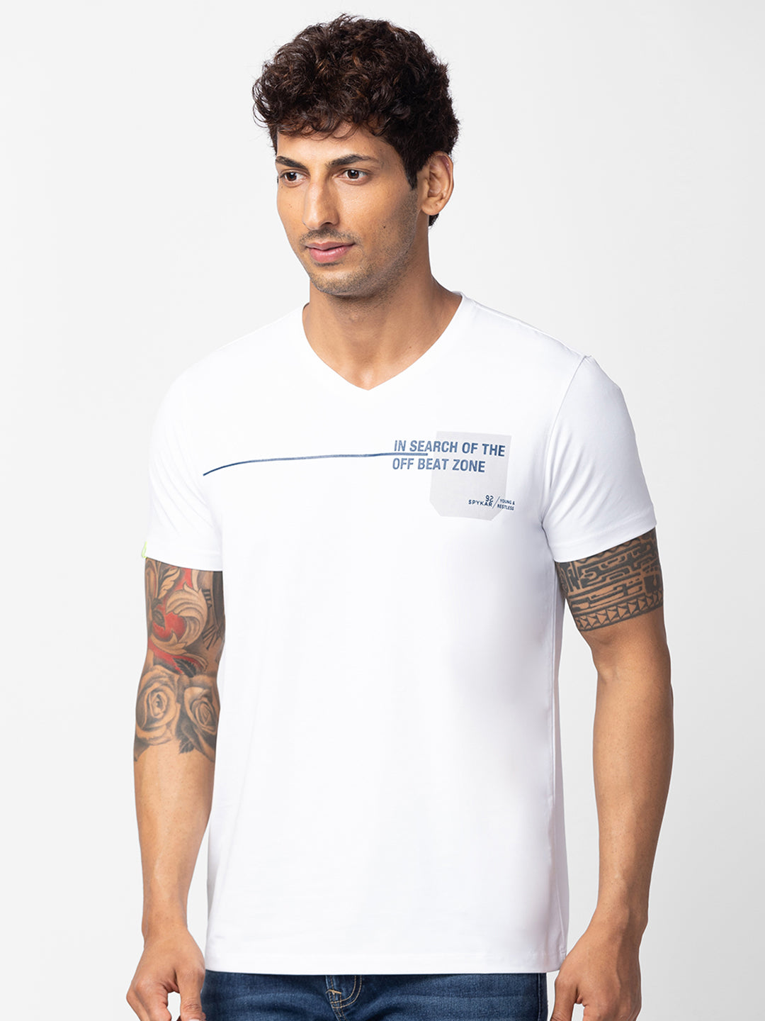 Spykar Men White Cotton Regular Fit Half Sleeve Printed T-Shirt