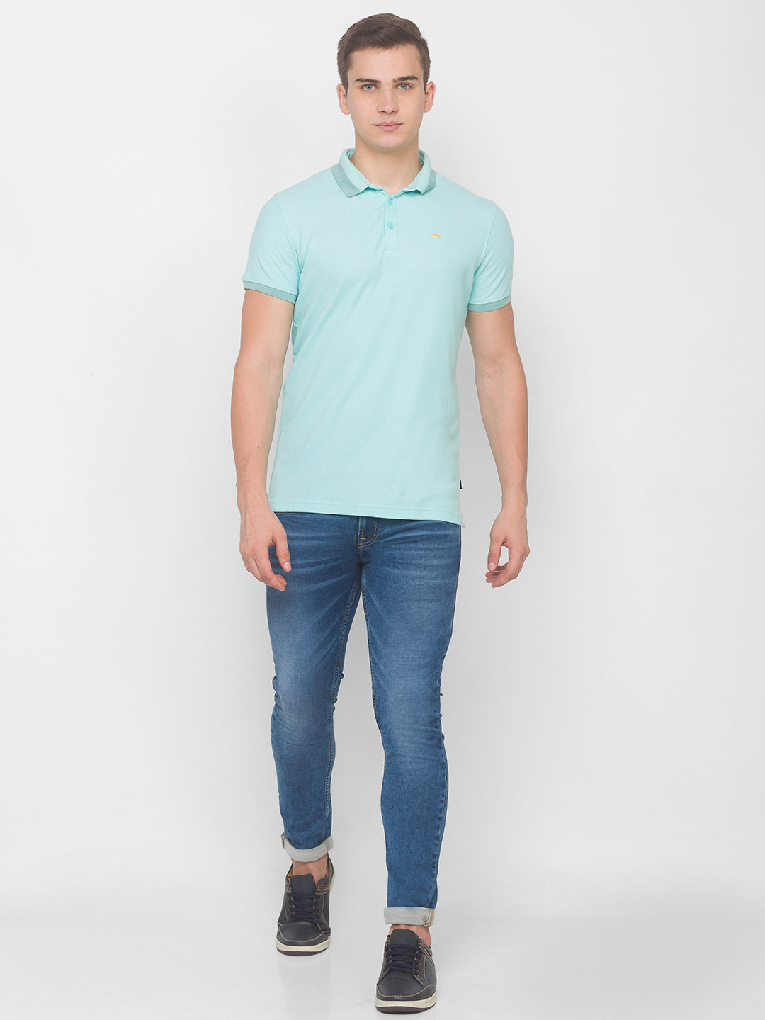 Spykar Men Blue Cotton Blend Slim Fit Polo T-Shirt