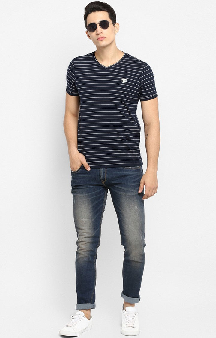 Spykar Navy Blue & White Striped Slim Fit Men T-Shirts