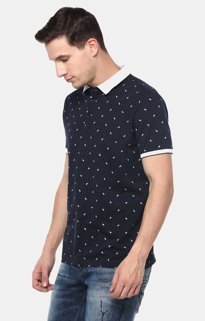 Spykar Navy Blue Printed Slim Fit Polo T-Shirt