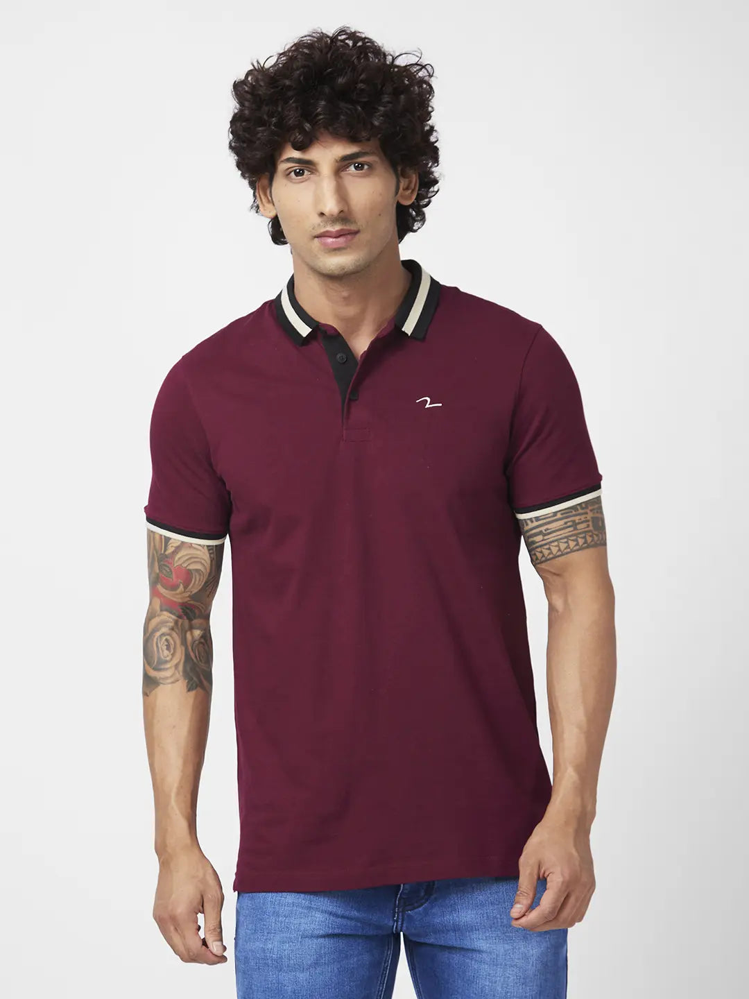 Spykar Men Wine Red Blended Slim Fit Half Sleeve Polo Neck Casual Plain Polo Tshirt