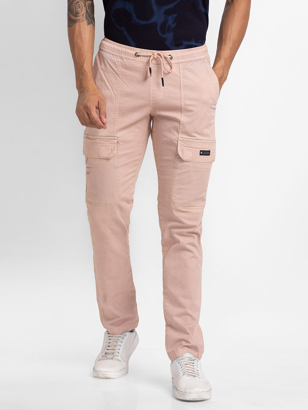 Spykar Dusty Peach Cotton Slim Fit Regular Length Trousers For Men