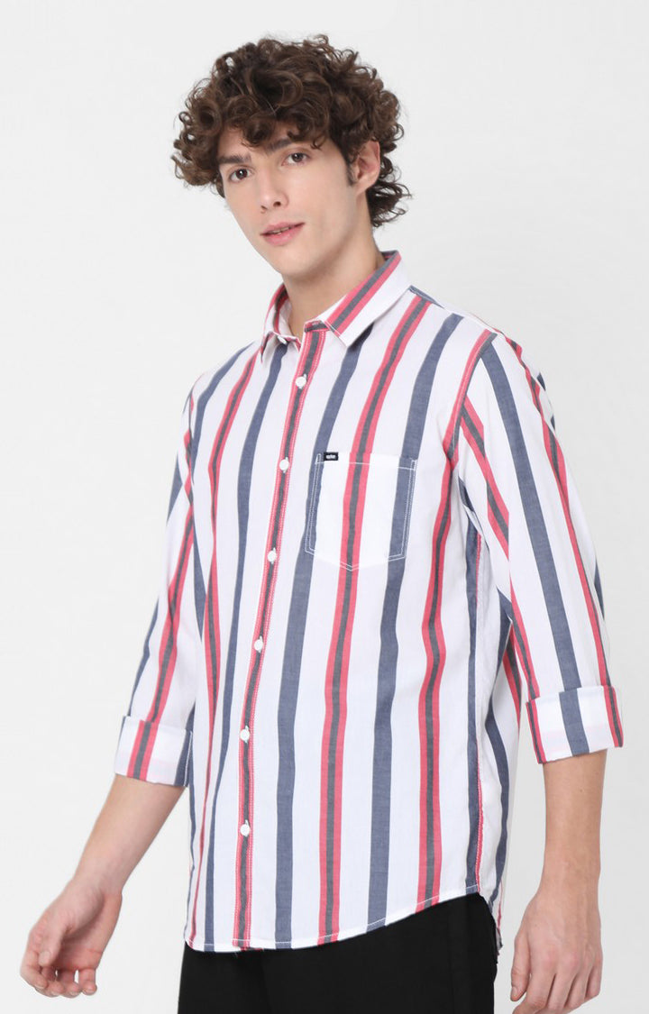 Spykar Slim Fit White Striped Full Sleeve Shirts For Men