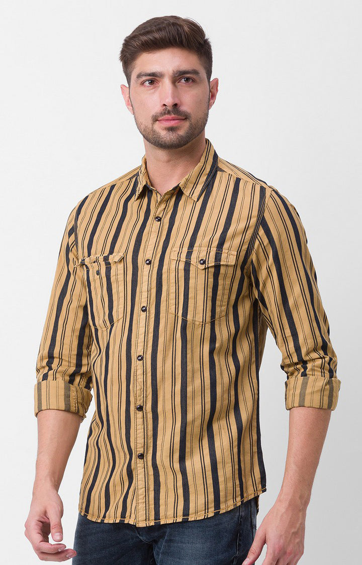 Spykar Camel Khaki Cotton Full Sleeve Stripes Shirt For Men