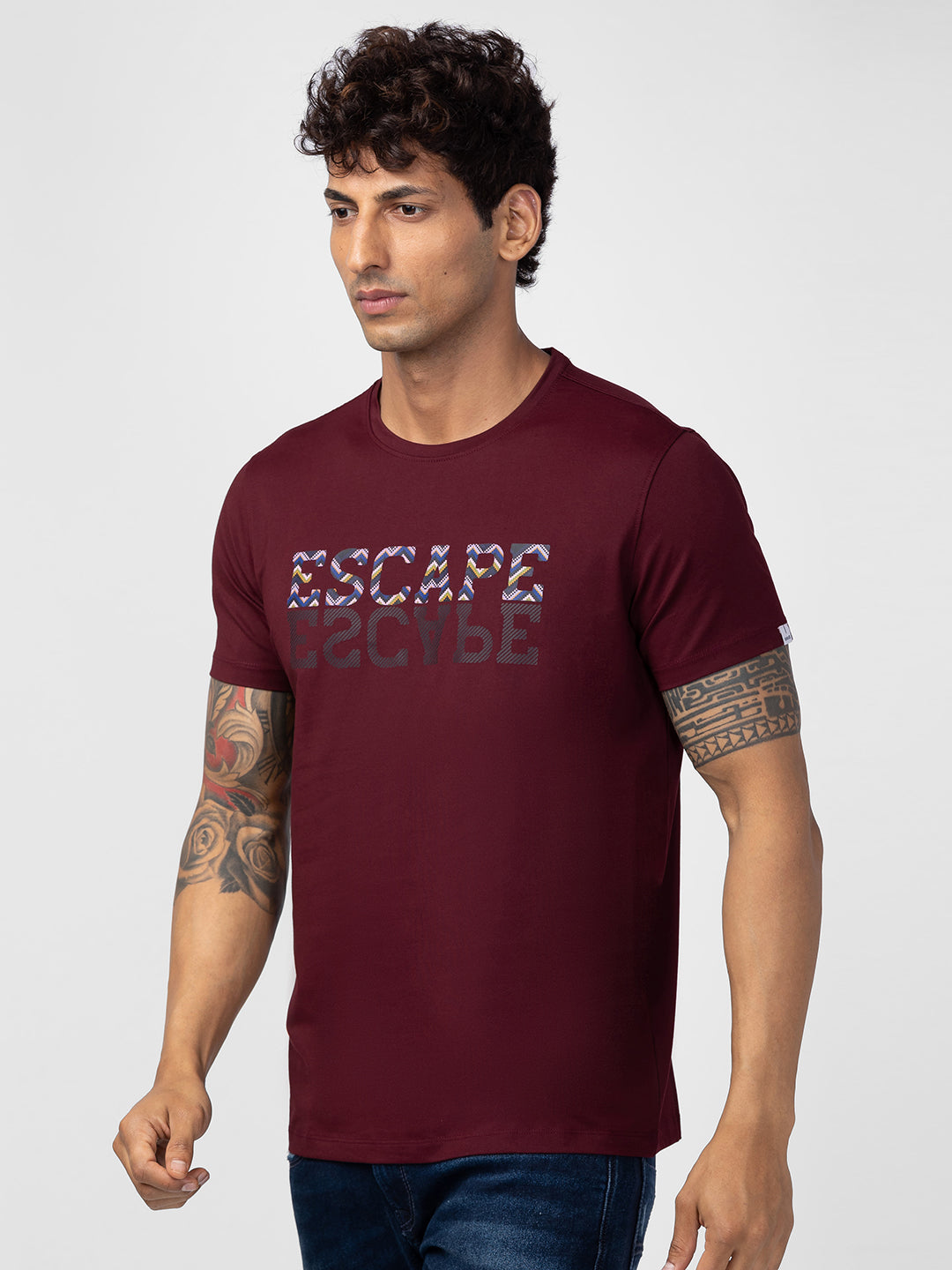 Spykar Men Wine Cotton Regular Fit Half Sleeve Printed T-Shirt