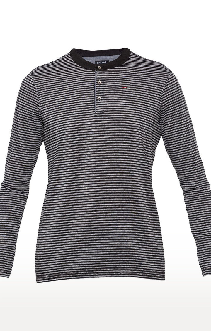 Spykar Men Grey Cotton Slim Fit Full Sleeve Striped T-Shirt