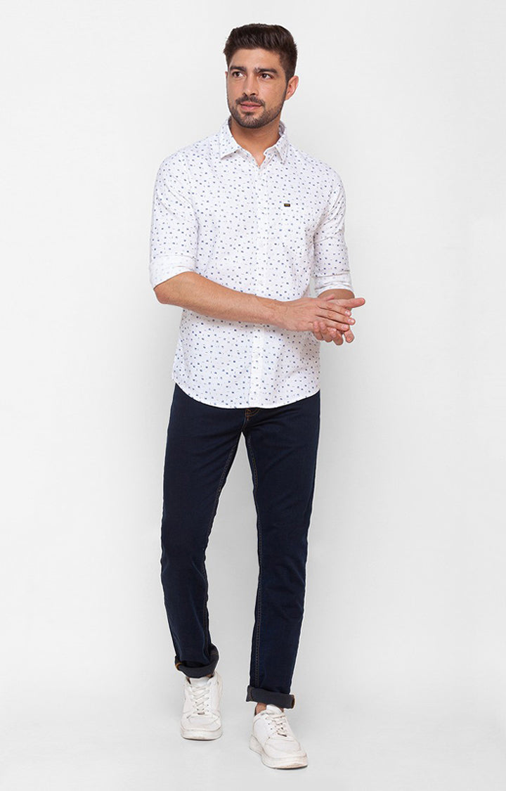 Spykar White Cotton Full Sleeve Printed Shirt For Men