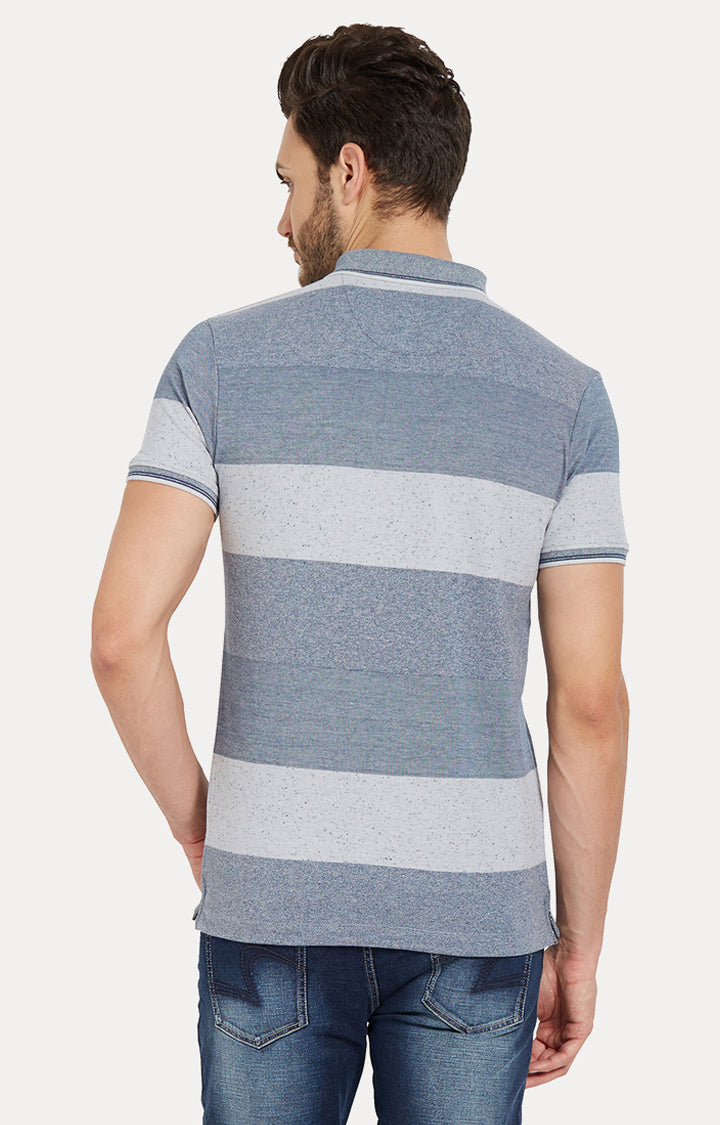 Spykar Blue Striped Slim Fit Polo Tshirt For Men