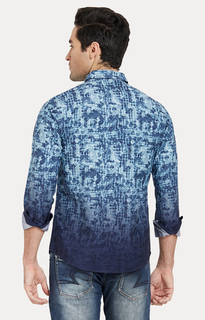 Spykar Men Blue Cotton Slim Fit Full Sleeve Printed Shirt