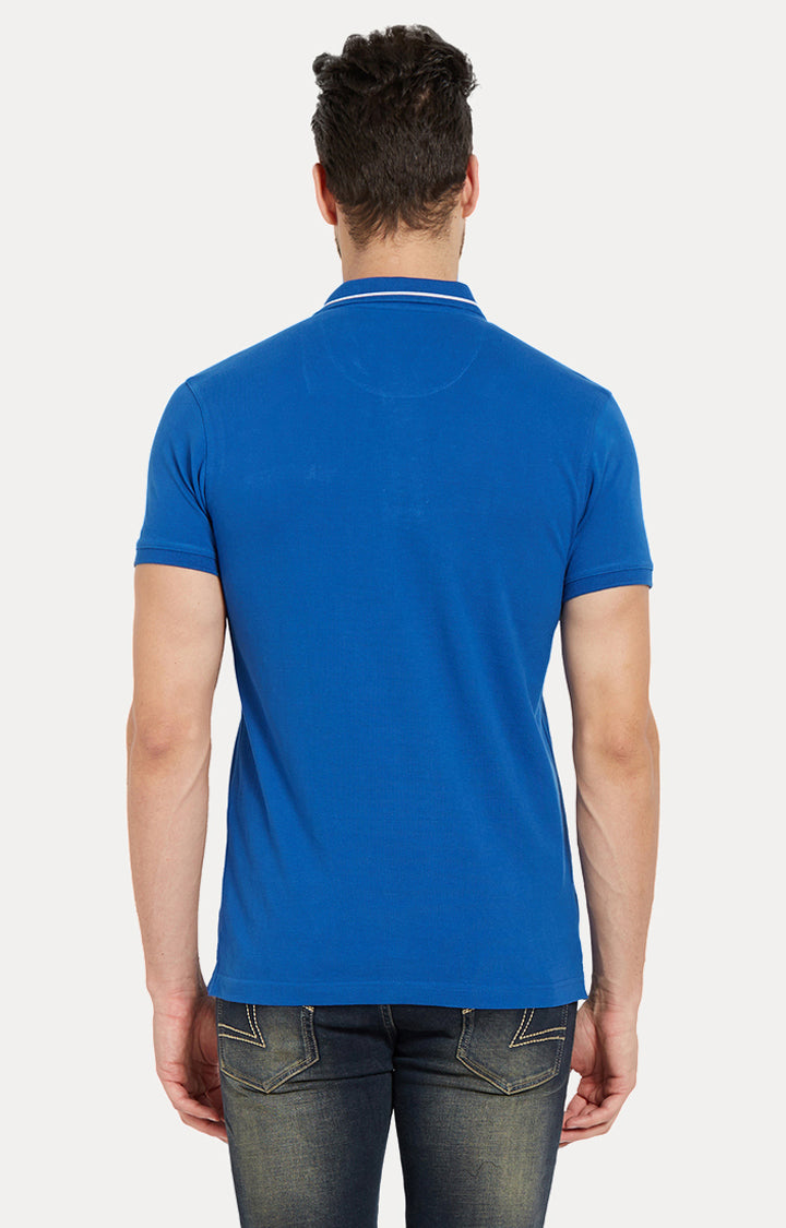 Spykar Men Blue Cotton Slim Fit Polo T-Shirt