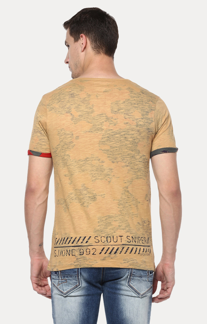 Spykar Beige Cotton Slim Fit T-Shirt For Men