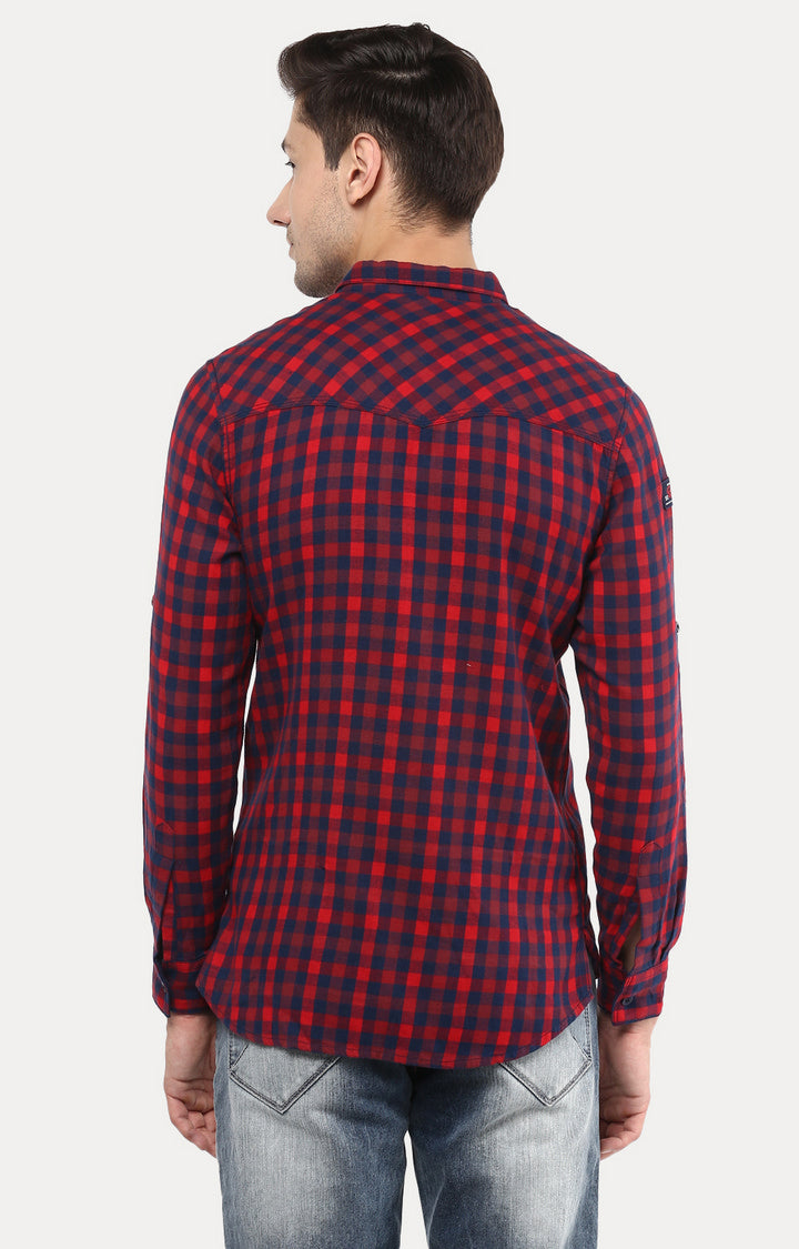 Spykar Men Red Cotton Slim Fit Checkered Shirts