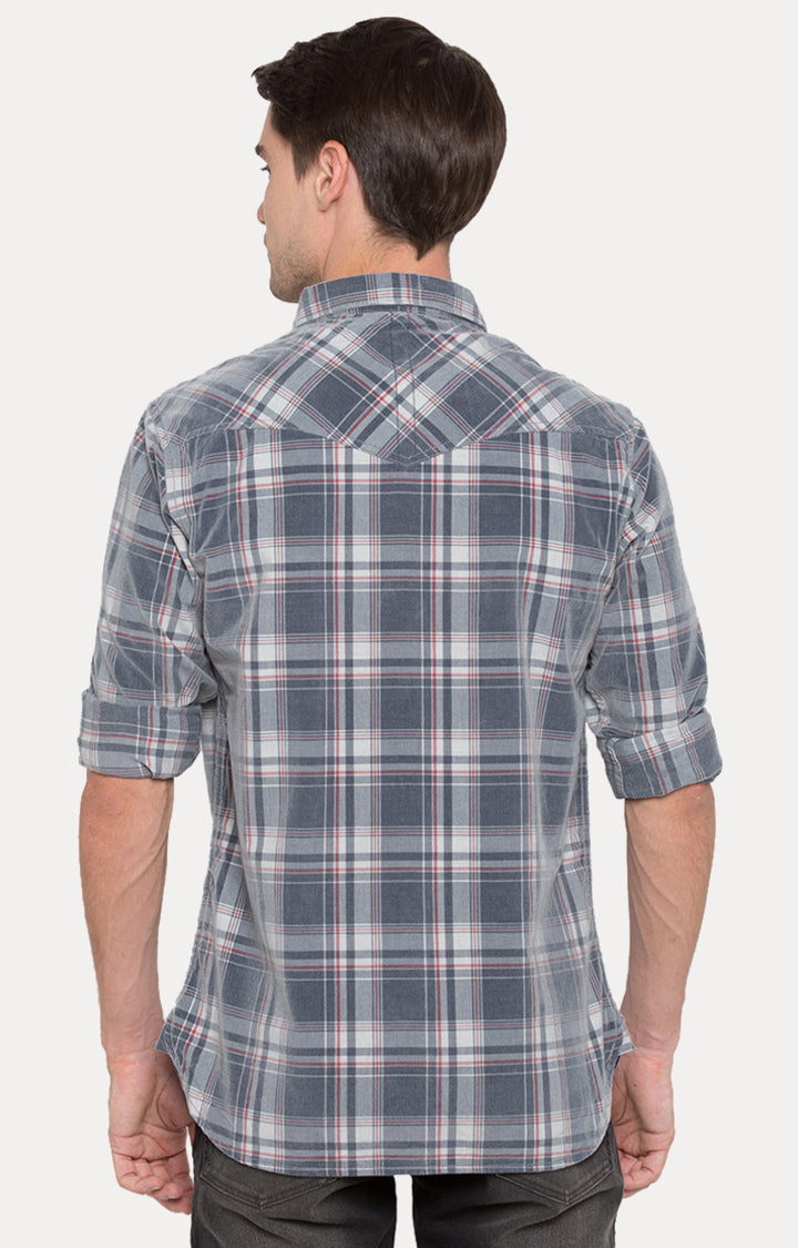 Spykar Men Grey Cotton Slim Fit Full Sleeve Checkered Shirt