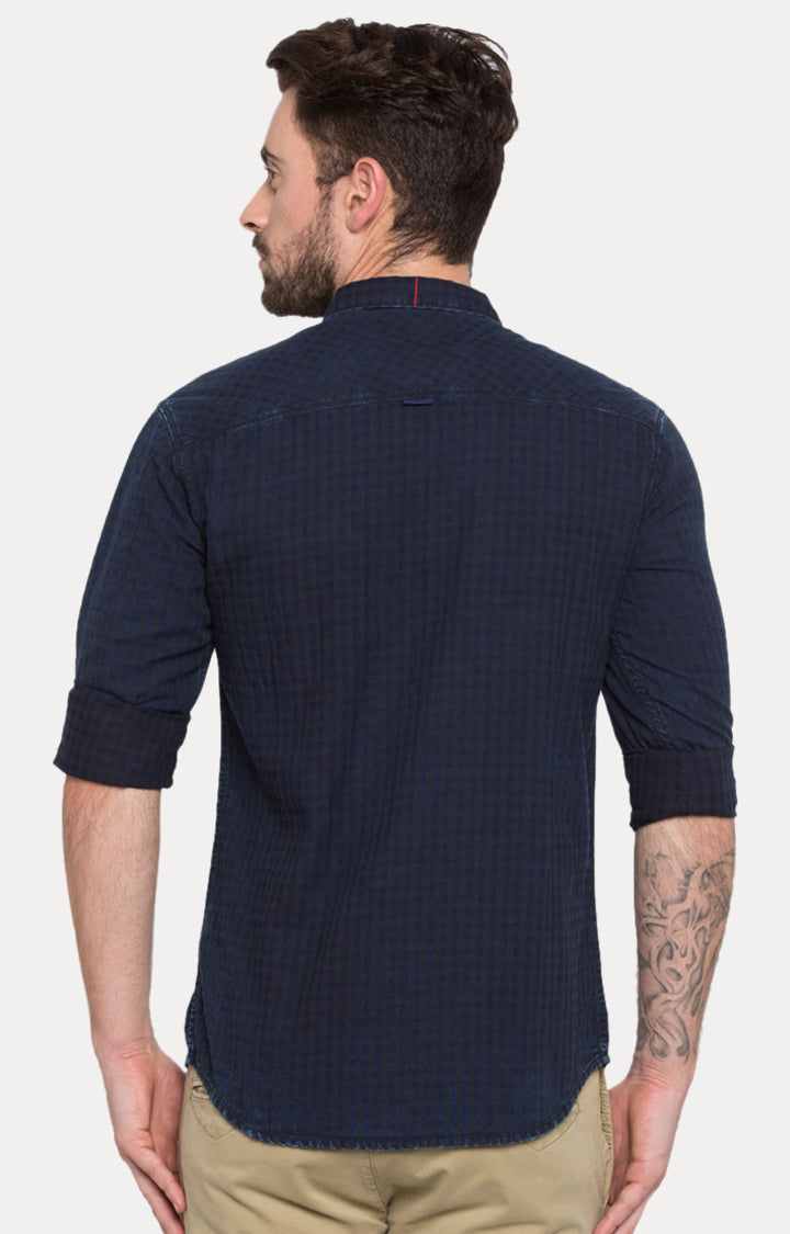 Spykar Men Blue Checked Slim Fit Casual Shirt