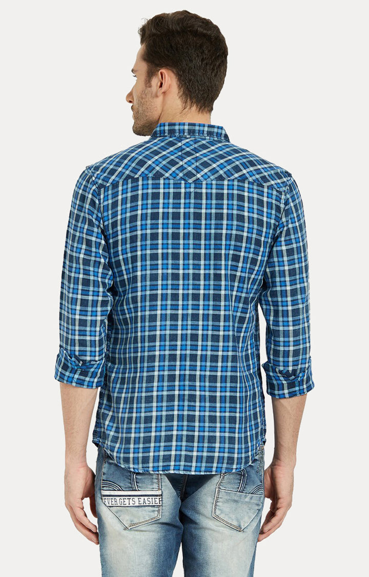 Spykar Men Blue Checked Slim Fit Casual Shirt