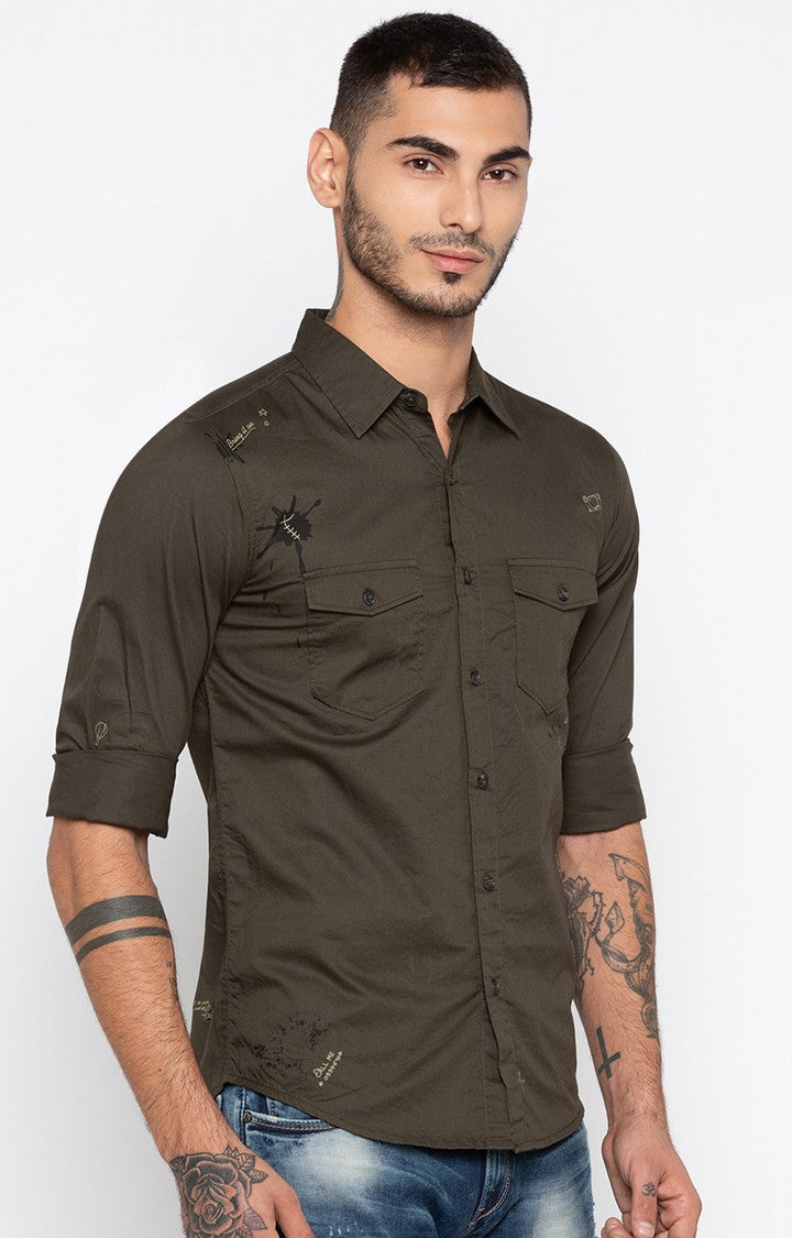 Spykar Men Olive Solid Slim Fit Casual Shirt