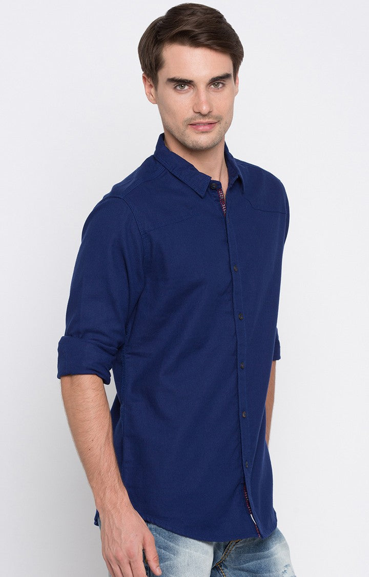 Spykar Blue Cotton Slim Fit Shirts For Men