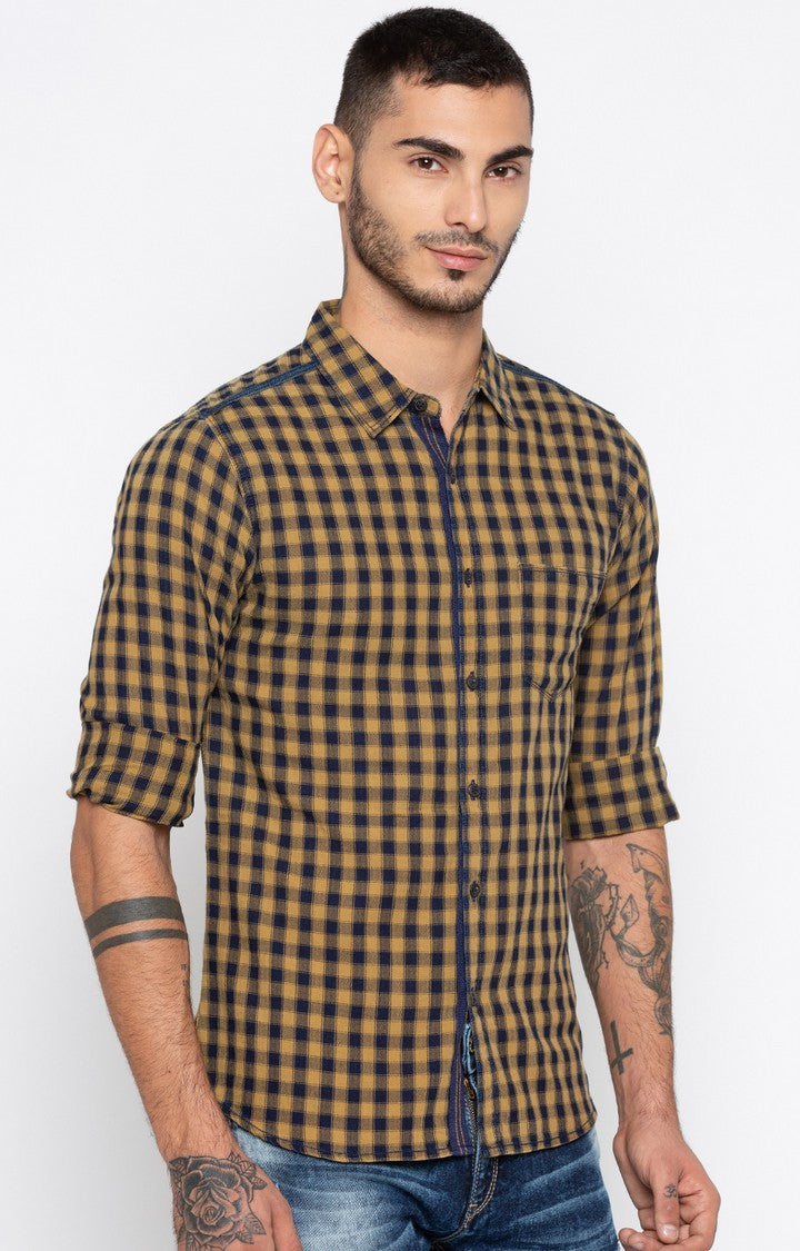 Spykar Men Navy & Light Brown Checked Slim Fit Casual Shirt