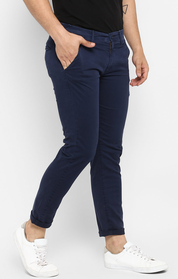 Spykar Men Blue Cotton Slim Fit Casual Trousers