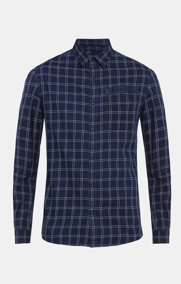 Spykar Men Blue Checked Slim Fit Casual Shirt