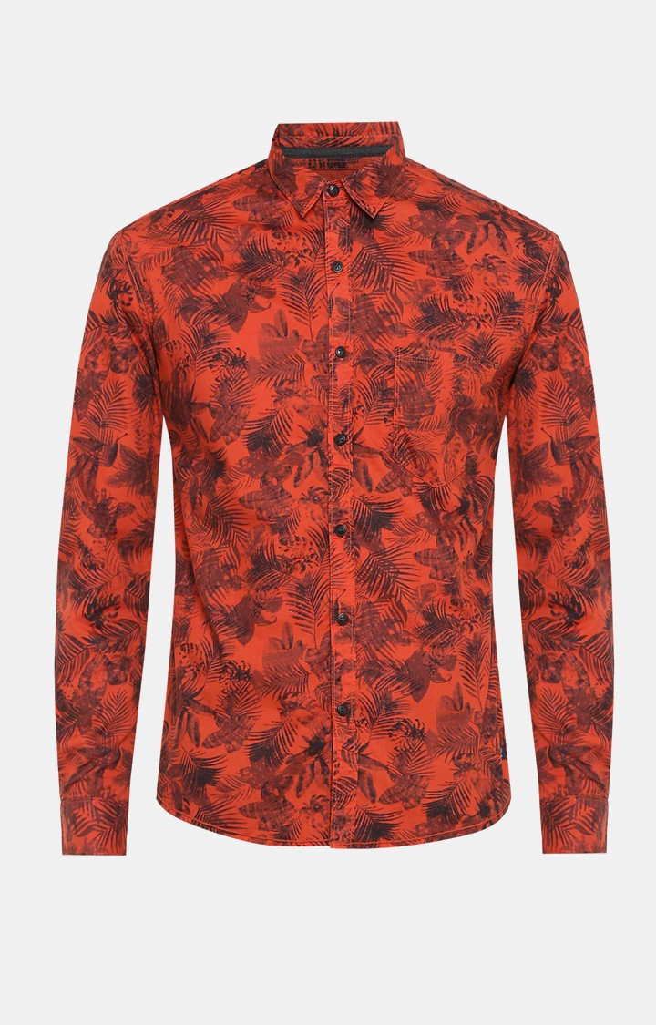 Spykar Slim Fit Men Rust Printed Casual Shirt