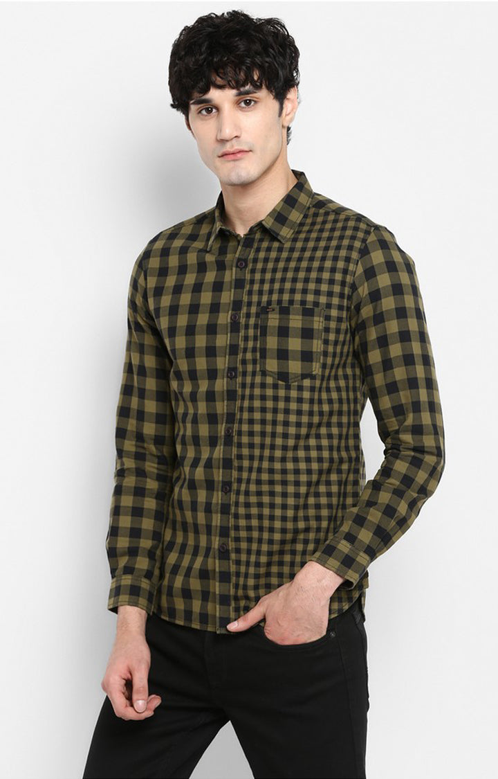 Spykar Men Olive Checked Slim Fit Casual Shirt