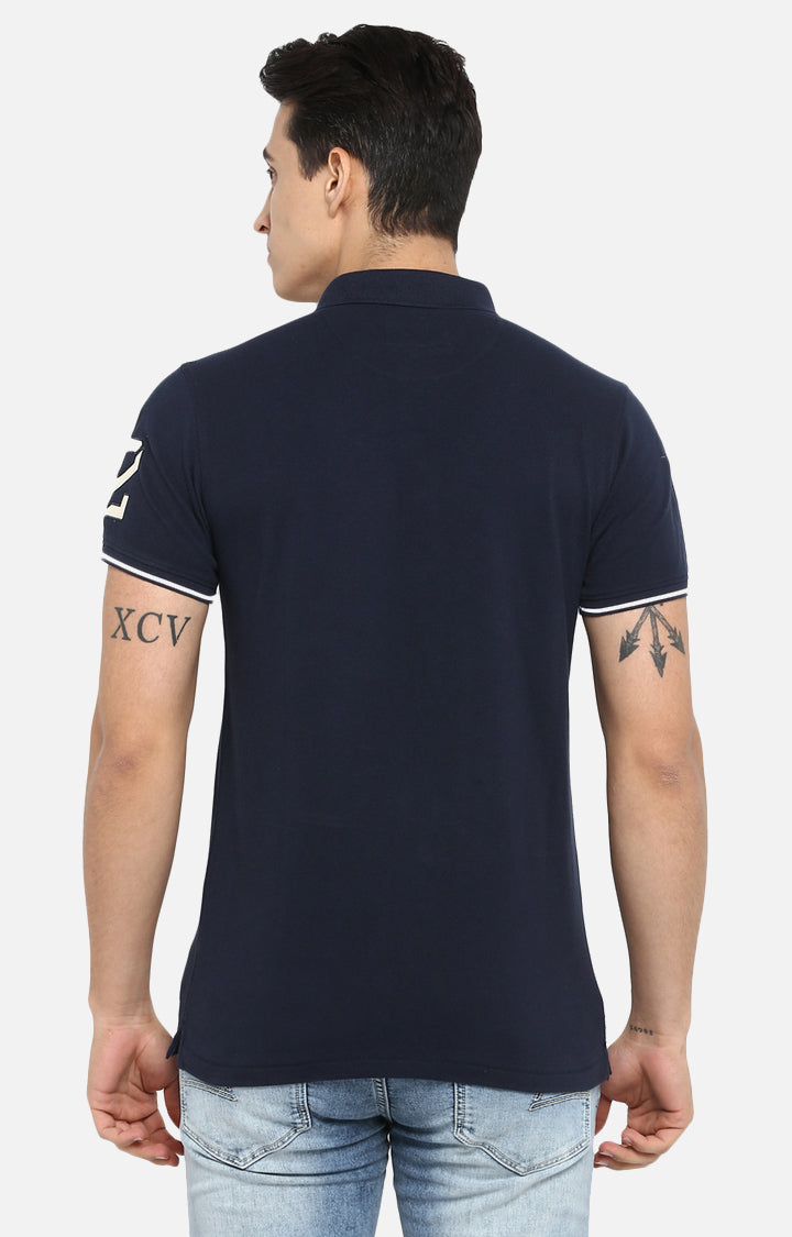 Spykar Men Blue Cotton Slim Fit Polo T-Shirt