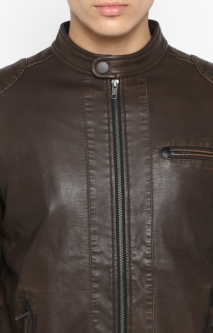 Spykar Brown Pu Slim Fit Jacket For Men