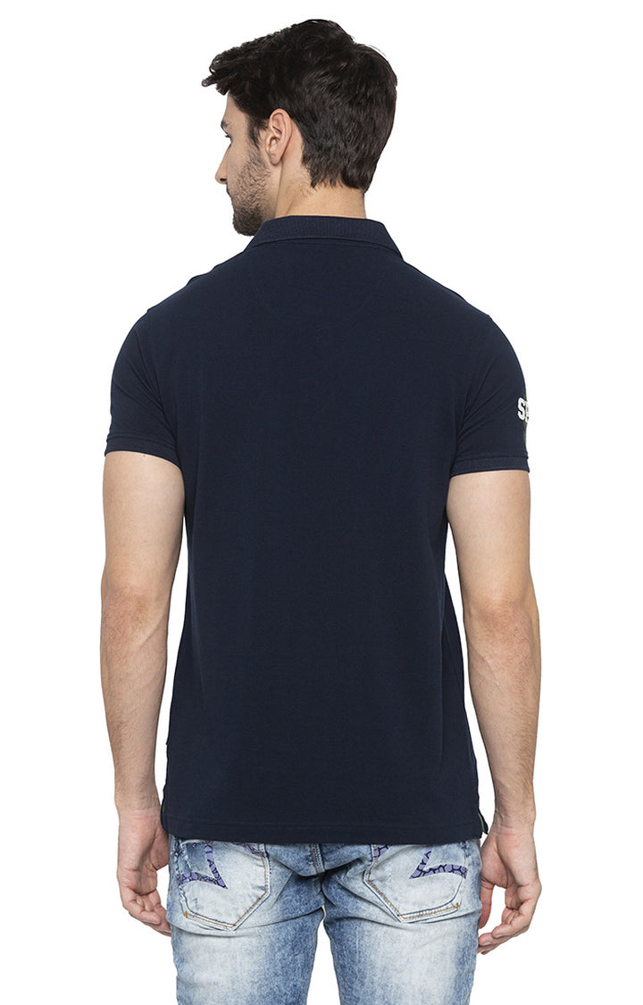 Spykar Men Blue Cotton Slim Fit Polo T-Shirt