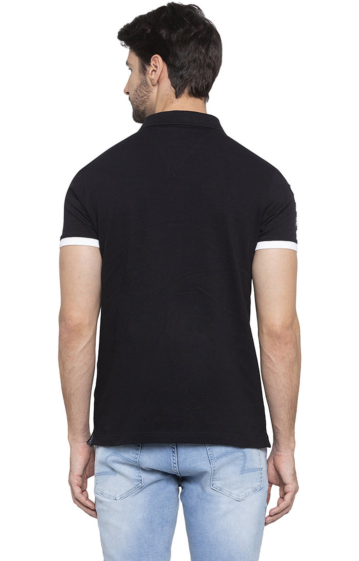 Spykar Men Black Cotton Slim Fit Polo T-Shirt