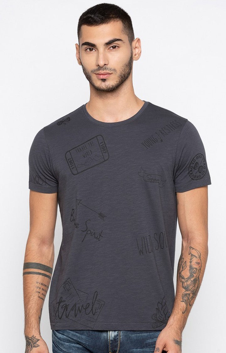 Spykar Dark Grey Printed Slim Fit Men T-Shirts